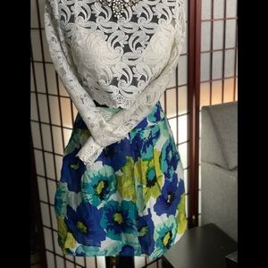 Ann Taylor Loft Colorful Blue/ Green Floral Pleated Lined A-Line Skirt Size 2